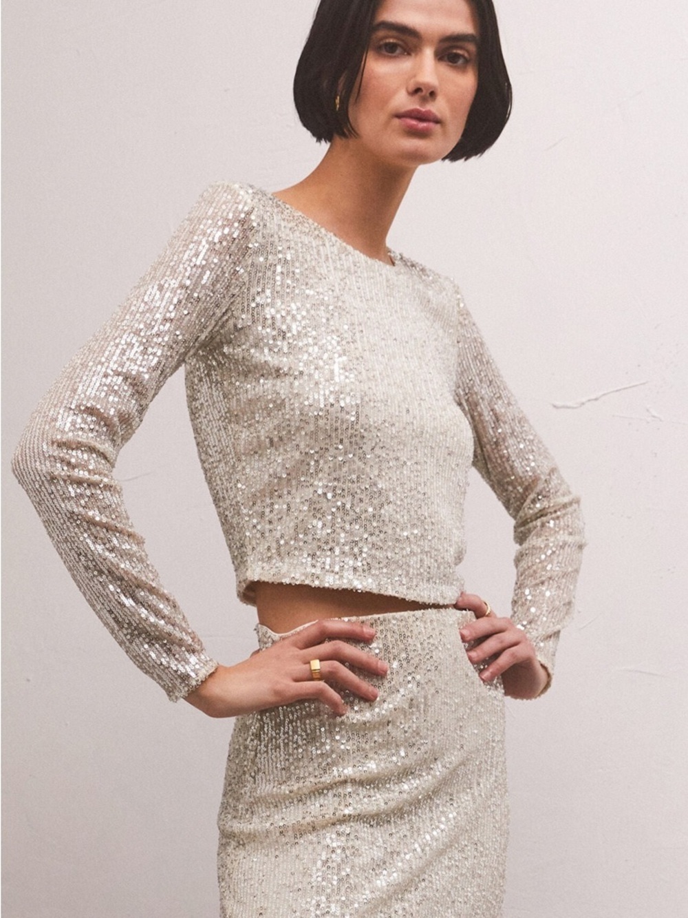 Z Supply Women’s Libby Sequined Long-Sleeve Crop Top in Silver Size Medium